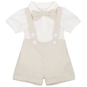 Baby Boy Formal Suit Romper Shorts Suspenders & Bowtie Tan Outfit